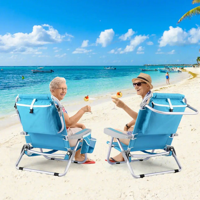 1 Piece Foldable Backpack Beach Chair with Cup Holder and Storage Pockets for Outdoor-Blue - Blue - Beach & Lawn Chairs