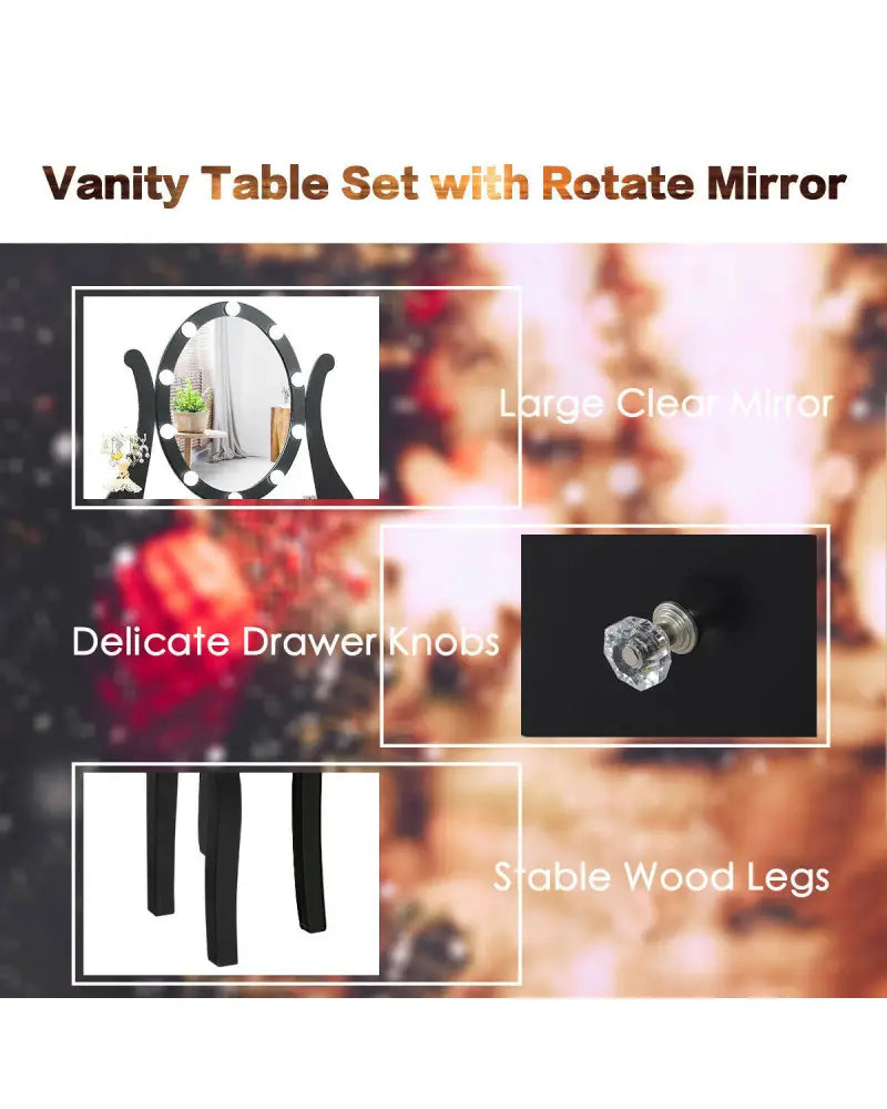 10 Dimmable Lights Vanity Table Set with Lighted Mirror and Cushioned Stool-Black - Black - Makeup Vanities
