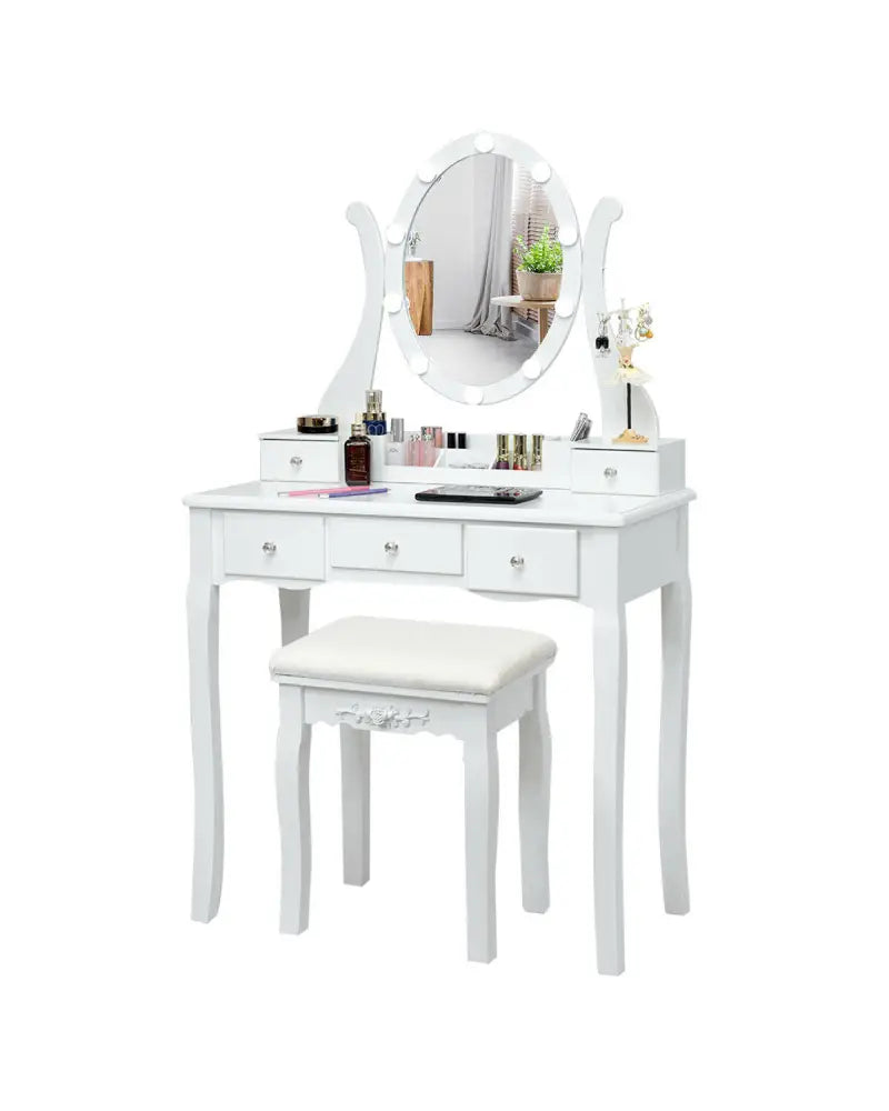 10 Dimmable Lights Vanity Table Set with Lighted Mirror and Cushioned Stool-White - White - Makeup Vanities