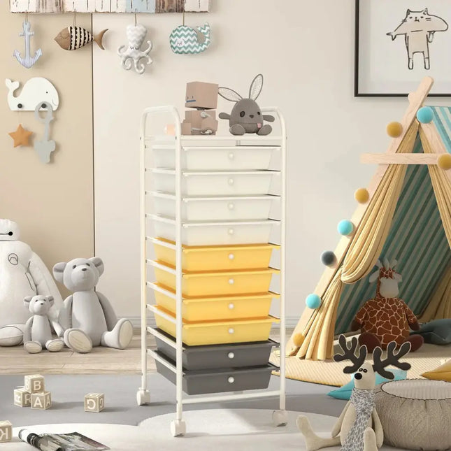 10 Drawer Rolling Storage Cart Organizer with 4 Universal Casters-Yellow Costway