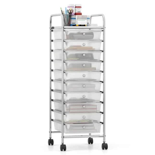 10-Drawer Rolling Storage Cart with Metal Frame and Lockable Universal Wheels-White Costway