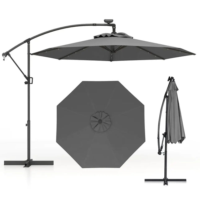 10 Feet 360° Rotation Solar Powered LED Patio Offset Umbrella without Weight Base-Gray - Gray - Outdoor Umbrellas