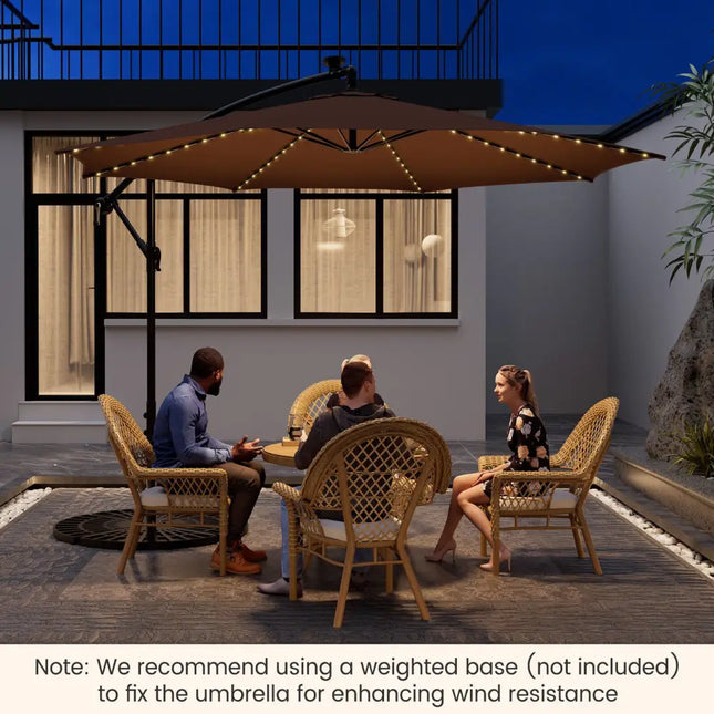10 Feet Patio Offset Umbrella with 112 Solar-Powered LED Lights-Beige-Coffee - Coffee - Outdoor Umbrellas