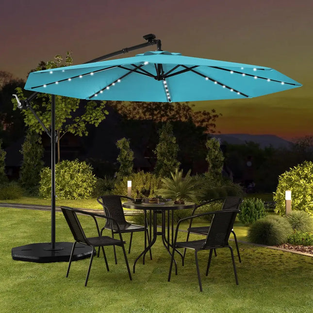 10 Feet Solar LED Offset Umbrella with 40 Lights and Cross Base for Patio-Turquoise - Turquoise - Outdoor Umbrellas