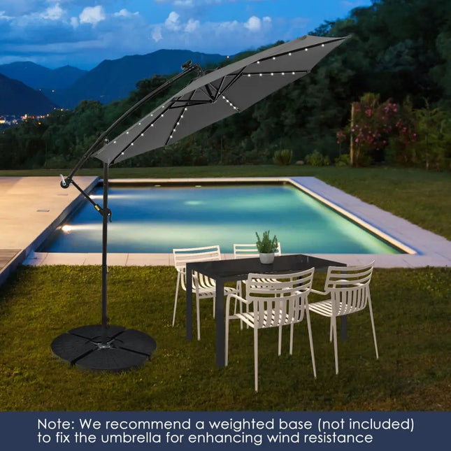 10 Feet Solar Offset Hanging Umbrella with 40 Lamp Beads and Solar Panel-Gray - Gray - Outdoor Umbrellas