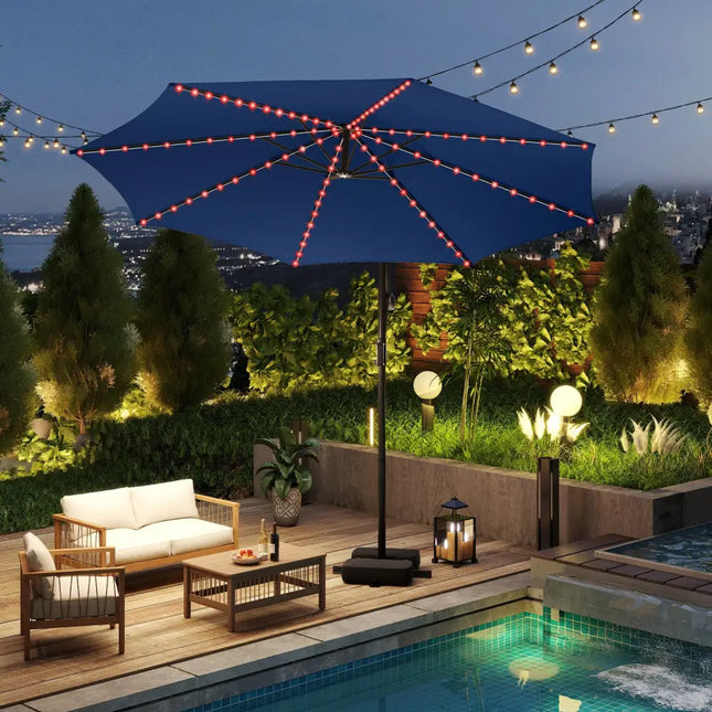 10 Feet Solar Offset Hanging Umbrella with Base and LED Lights-Navy - Navy - Outdoor Umbrellas