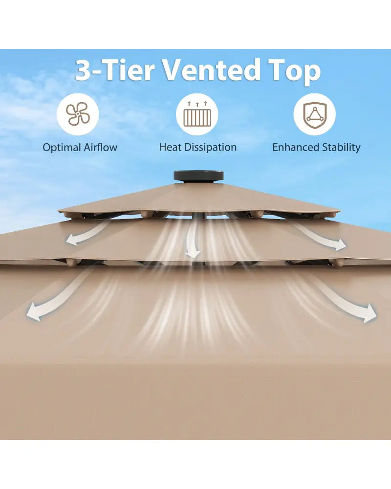 10 Feet Solar Patio Umbrella with 3-Tier Vented Top-Taupe - Taupe - Outdoor Umbrellas