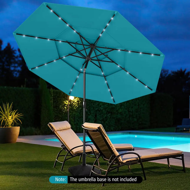 10 Feet Solar Patio Umbrella with 32 LED Lights 3-Tier Vented Top-Turquoise - Turquoise - Outdoor Umbrellas