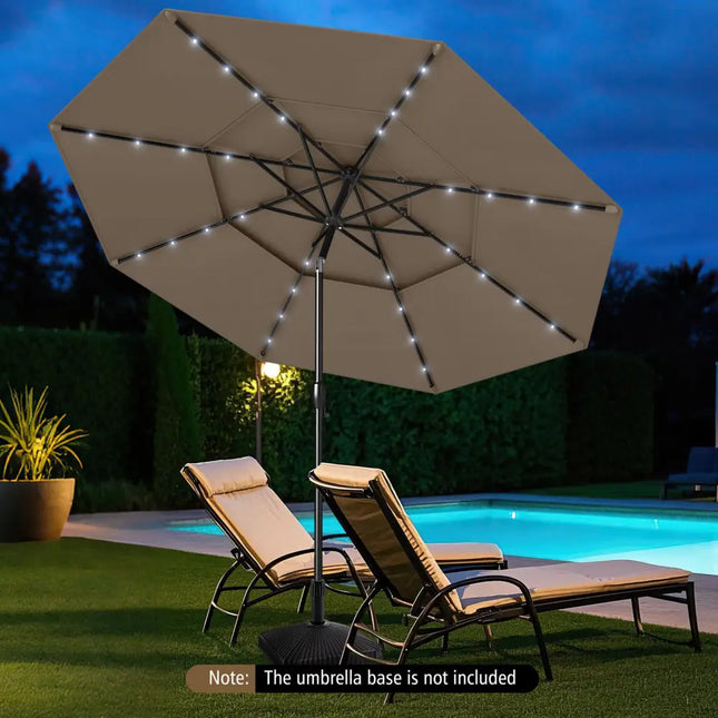 10 Feet Solar Patio Umbrella with 32 LED Lights 3-Tier Vented Top-Taupe - Taupe - Outdoor Umbrellas