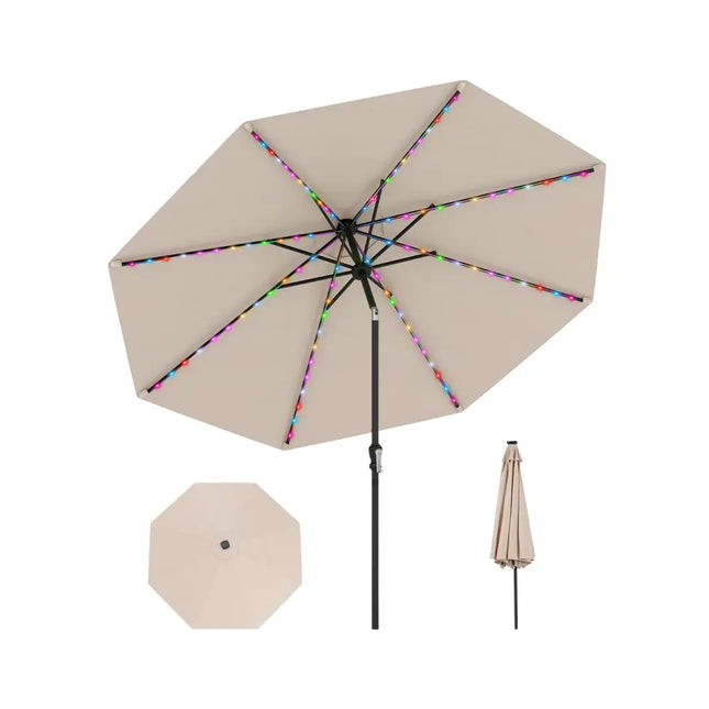 10 Feet Solar Patio Umbrella with 96 Multi-Colored Flowing LED Lights and Tilt Adjustment-Beige - Beige - Outdoor