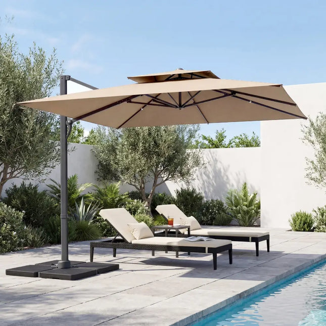 10 FT Aluminum Pole Patio Cantilever Umbrella with 220 LBS Base-Brown - Brown - Outdoor Umbrellas