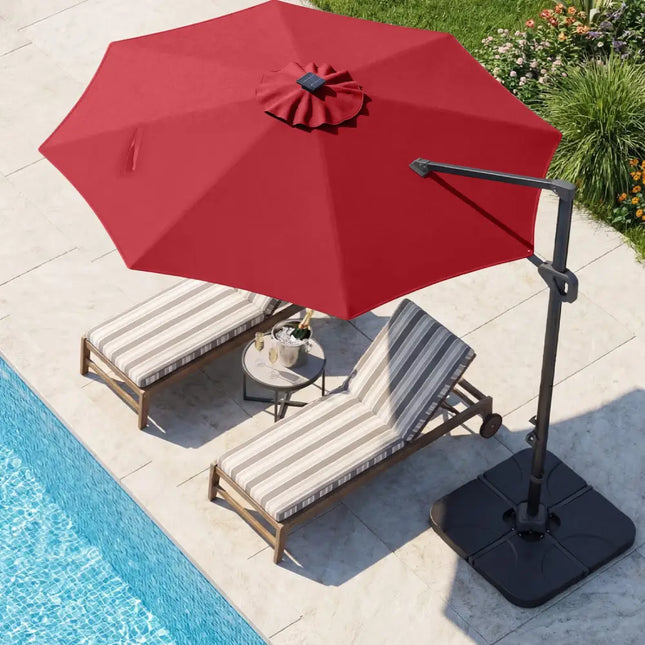 10 FT Cantilever Patio Umbrella with 35 Solar LED Lights and 220 LBS Base-Red - Red - Outdoor Umbrellas