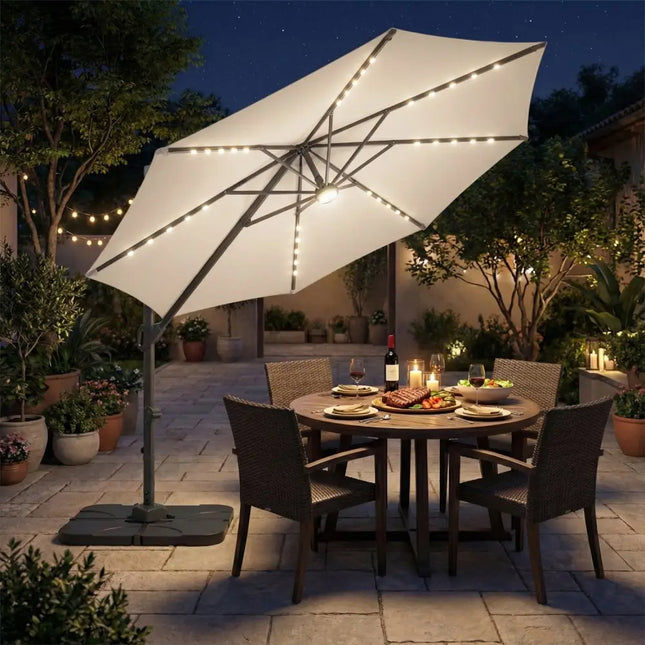 10 FT Cantilever Patio Umbrella with 35 Solar LED Lights and 220 LBS Base-Beige - Beige - Outdoor Umbrellas