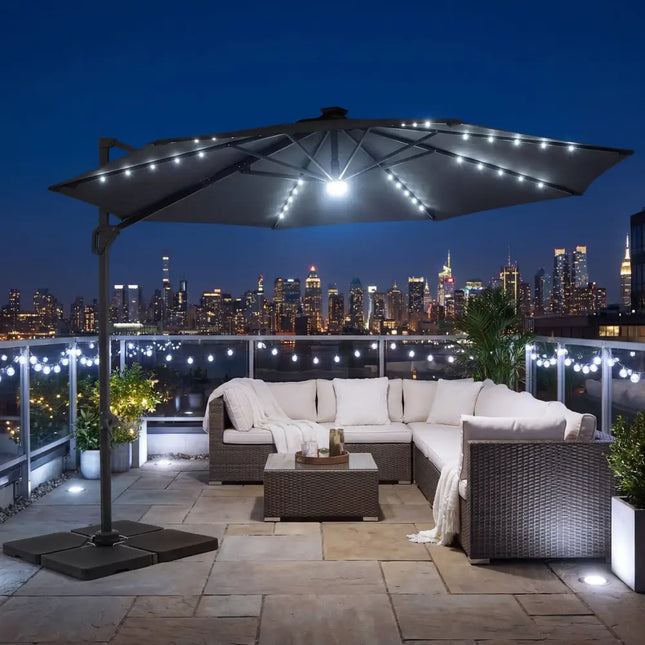 10 FT Cantilever Patio Umbrella with Solar LED Lights 360° Rotation-Gray - Gray - Outdoor Umbrellas