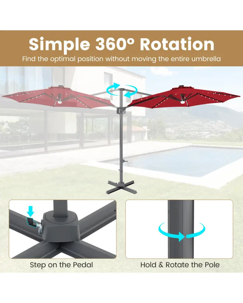 10 FT Cantilever Patio Umbrella with Solar LED Lights 360° Rotation-Wine - Wine - Outdoor Umbrellas