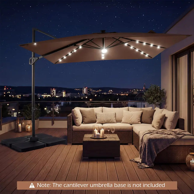 10 FT Cantilever Patio Umbrella with Solar LED Lights for Pool and Garden-Brown - Brown - Outdoor Umbrellas