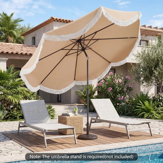 10 FT Outdoor Tassel Umbrella with Push Button Tilt-White - Beige - Outdoor Umbrellas