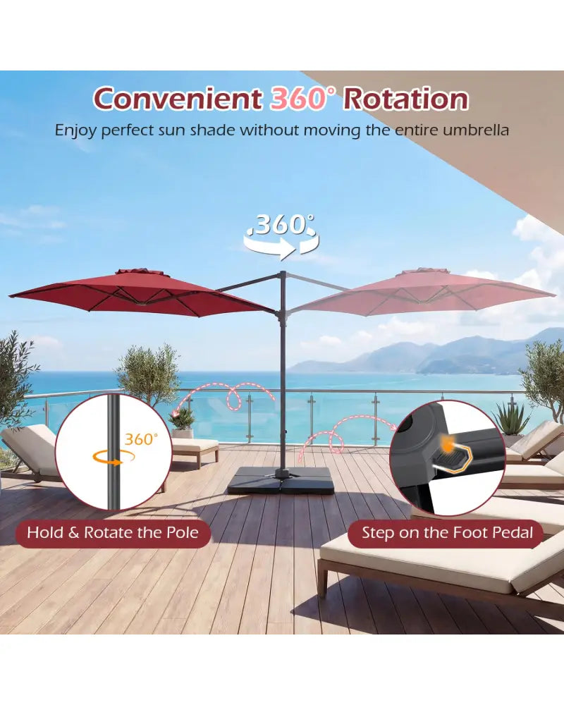 10 FT Patio Cantilever Umbrella with 360° Rotation and Air Vent for Backyard and Poolside-Wine - Wine - Outdoor