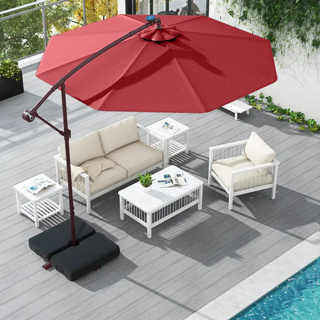 10 Ft Patio Umbrella Offset Cantilever Umbrella with 40 Solar Powered Lights-Red - Red - Outdoor Umbrellas