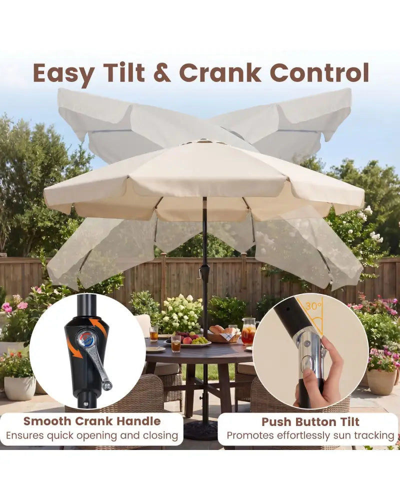 10 FT Scalloped Patio Umbrella with Push Button Tilt and 8 Fiberglass Ribs-Beige - Beige - Outdoor Umbrellas
