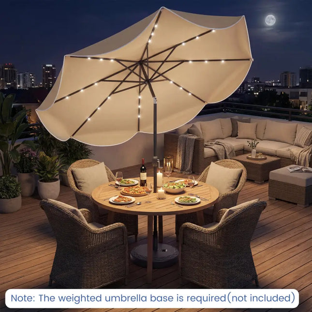 10 FT Scalloped Solar Patio Umbrella with 24 LED Lights and Tilt Adjustment-Tan - Tan - Outdoor Umbrellas