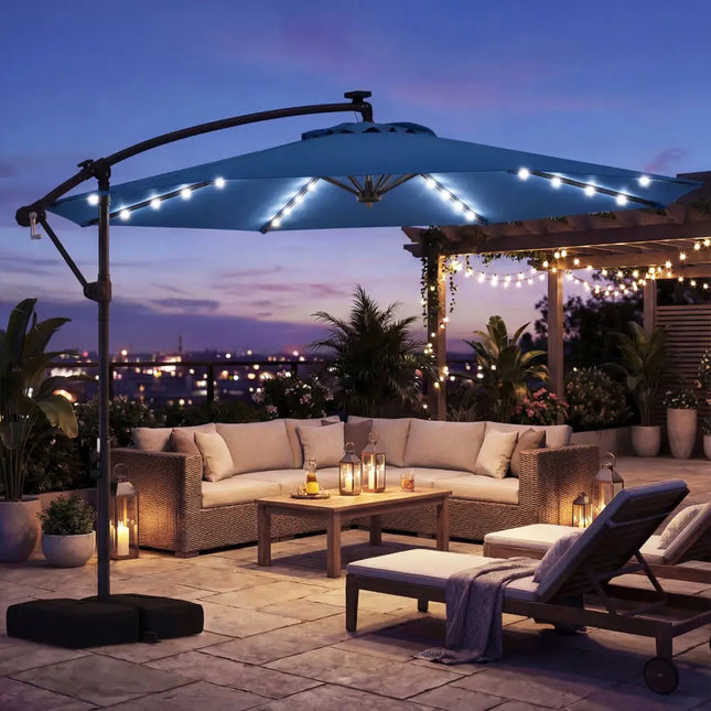 10 FT Solar LED Offset Cantilever Patio Umbrella Hanging Outdoor Market Umbrella-Navy - Navy - Outdoor Umbrellas