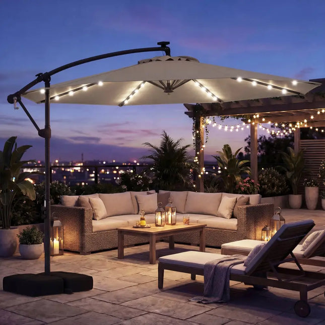 10 FT Solar LED Offset Cantilever Patio Umbrella Hanging Outdoor Market Umbrella-Brown - Brown - Outdoor Umbrellas