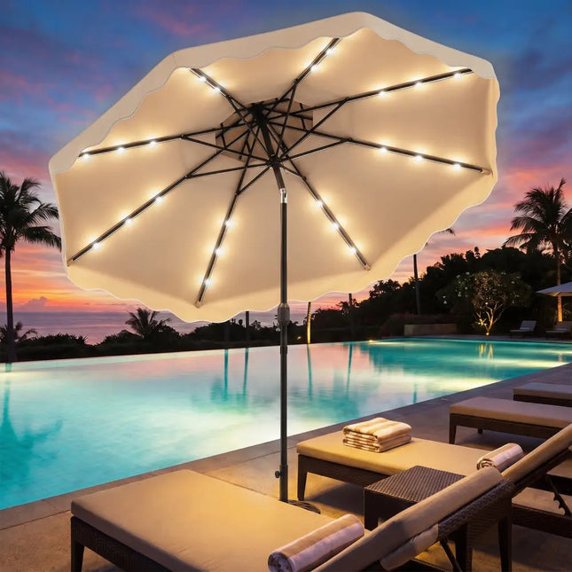 10 FT Solar LED Patio Umbrella for Deck and Pool-Beige - Beige - Outdoor Umbrellas