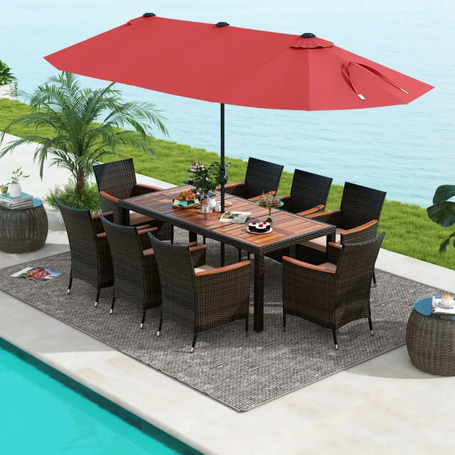 10 Piece Outdoor Dining Set with 15 Feet Double-Sided Twin Patio Umbrella-Red - Red - Patio Dining Sets