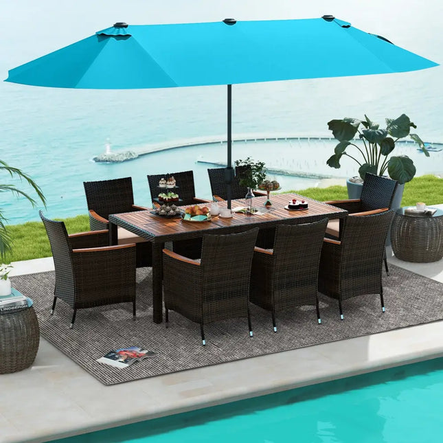 10 Piece Outdoor Dining Set with 15 Feet Double-Sided Twin Patio Umbrella-Turquoise - Turquoise - Patio Dining Sets