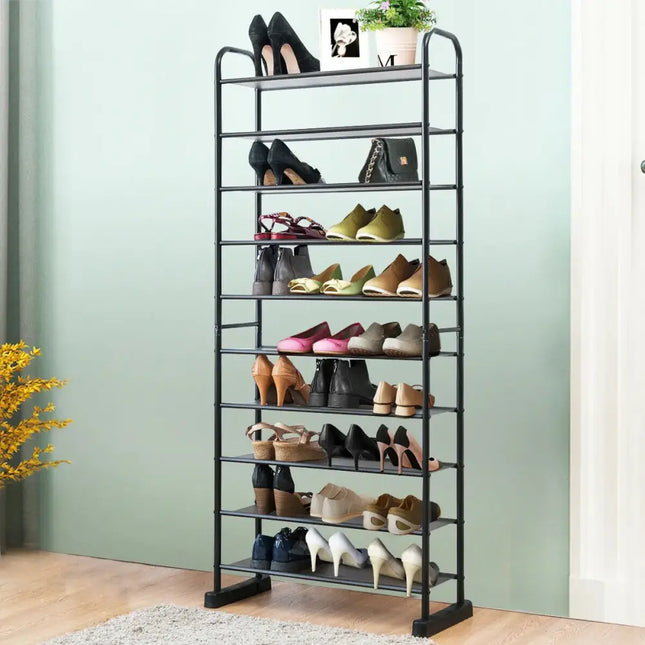 10-Tier Free-Standing Metal Frame Shoe Rack - Black - Shoe Racks & Storage Benches