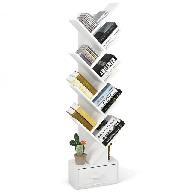 10-Tier Tree Bookshelf with Drawer Free-standing Storage Bookcase-White - White - Bookcases