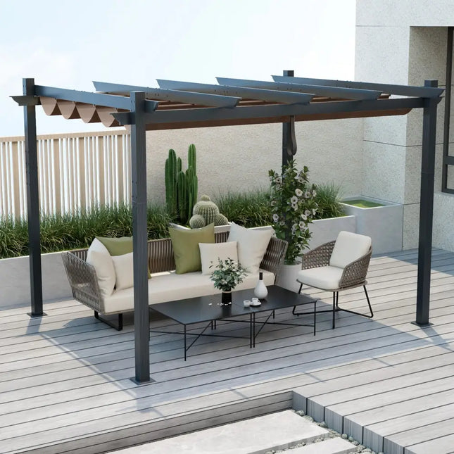 10 x 12 Feet Outdoor Aluminum Retractable Pergola Canopy Shelter Grape Trellis-Coffee - Coffee - Gazebos