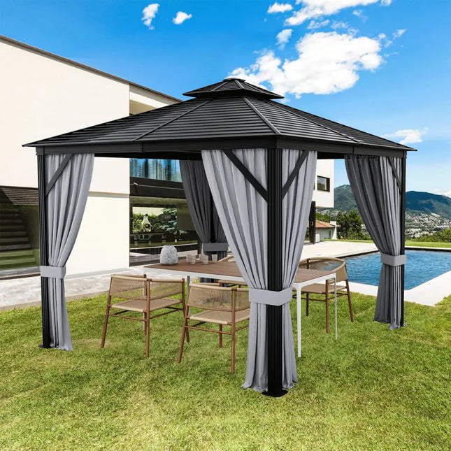 10 x 10 Feet Double-Top Hardtop Gazebo with Galvanized Steel Roof-Gray - Gray - Outdoor Shades