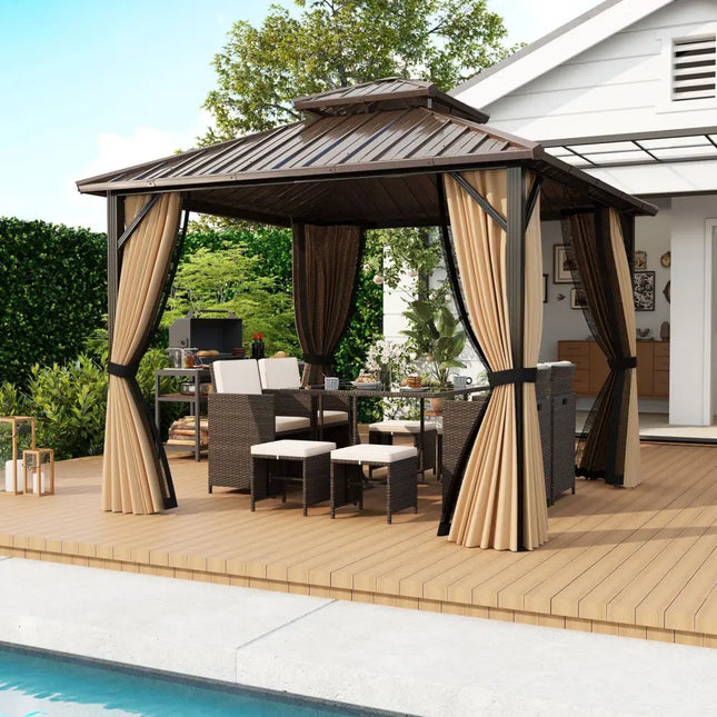 10 x 10 Feet Hardtop Gazebo with Netting and Curtain and Double-Roof Galvanized Metal Top - Coffee - Gazebos