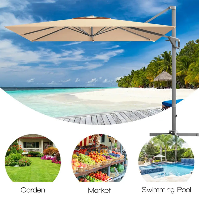 10 x 10 Feet Patio Offset Cantilever Umbrella with Aluminum 360-degree Rotation Tilt-Beige - Beige - Outdoor Umbrellas