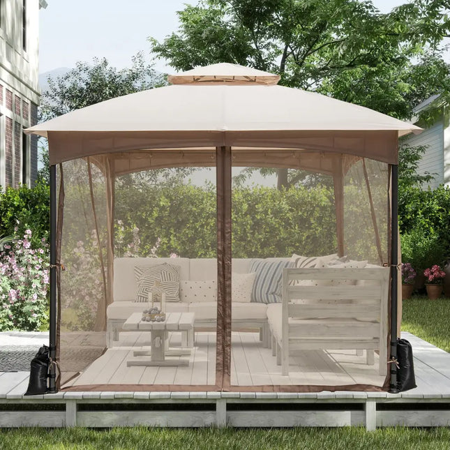 10 X 10 FT Heavy-Duty Patio Gazebo with Netting Walls and 4 Sandbags-Khaki - Khaki - Gazebos