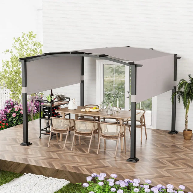 10 x 10 ft Outdoor Pergola Modern Arched Patio Garden Shelter with Retractable Sunshade Canopy-Gray - Gray - Gazebos