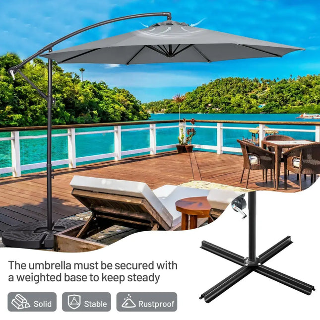 10FT Offset Umbrella with 8 Ribs Cantilever and Cross Base Tilt Adjustment-Gray - Gray - Outdoor Umbrellas