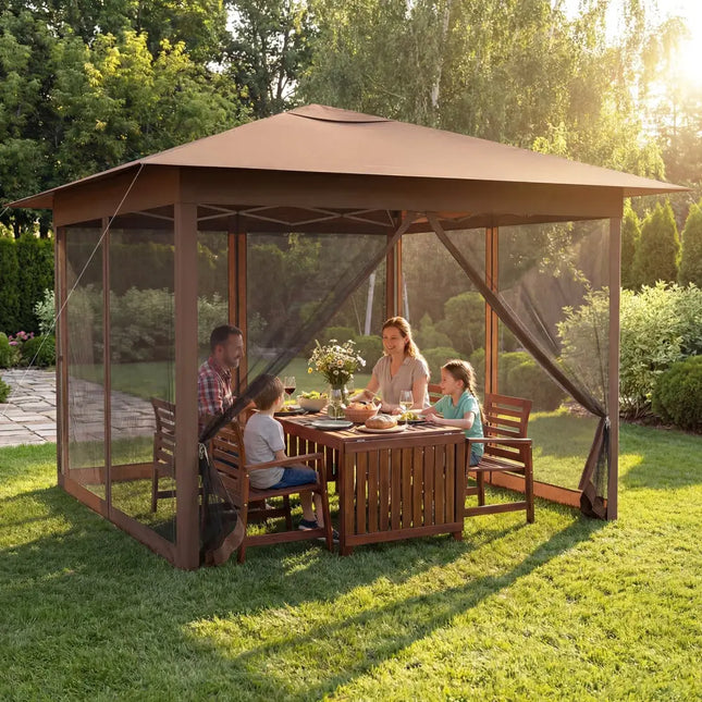 11.5 x 11.5 FT Pop-up Canopy Instant One-Person Setup with Mesh Screen Netting-Brown - Brown - Canopies