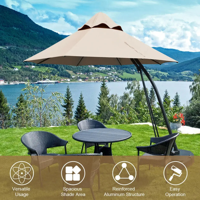 11 Feet Outdoor Cantilever Hanging Umbrella with Base and Wheels-Tan - Tan - Outdoor Umbrellas