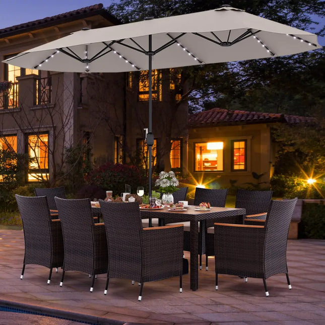 11 Pieces Patio Dining Set with 15 Feet Double-Sided Patio Umbrella and Base-Beige - Beige - Patio Dining Sets