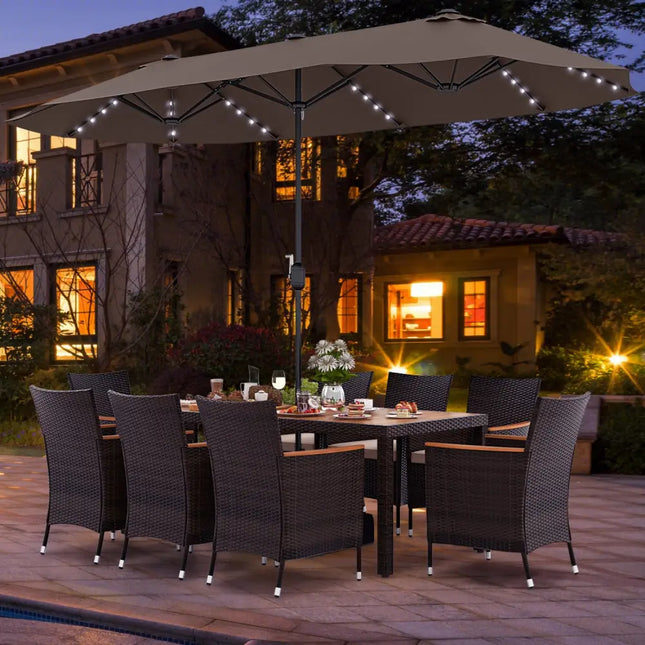 11 Pieces Patio Dining Set with 15 Feet Double-Sided Patio Umbrella and Base-Coffee - Coffee - Patio Dining Sets