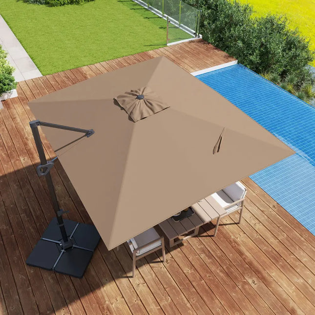 11 x 9 FT Aluminum Pole Outdoor Offset Hanging Umbrella with 220 LBS Base-Brown - Brown - Outdoor Umbrellas