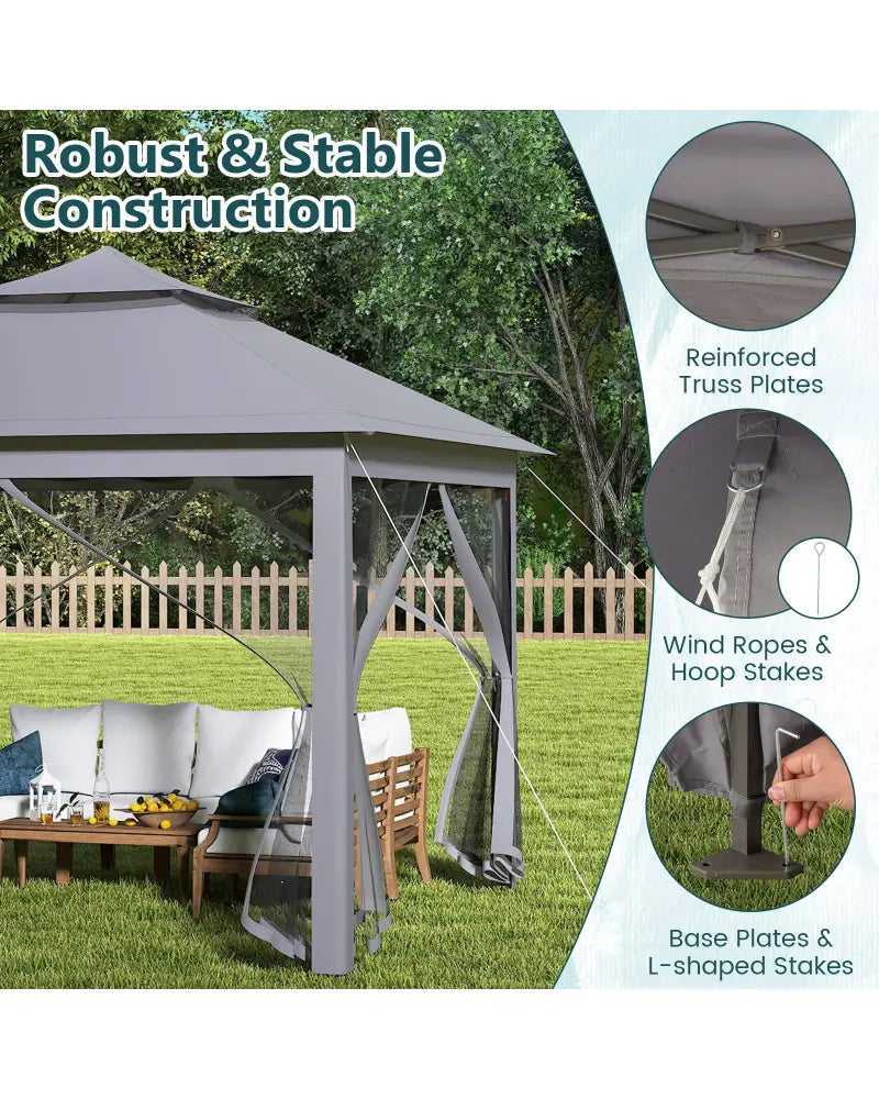 11 x 11 Feet 2-Tier Pop-Up Gazebo Tent Portable Canopy Shelter Carry Bag Mesh-Gray - Gray - Gazebos