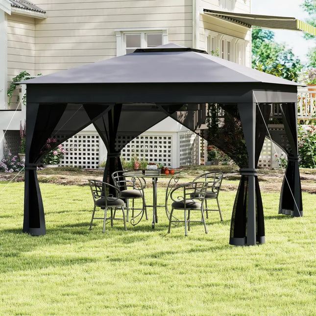 11 X 11 FT Pop Up Gazebo with Mesh Netting and Double Roof-Gray - Gray - Canopies