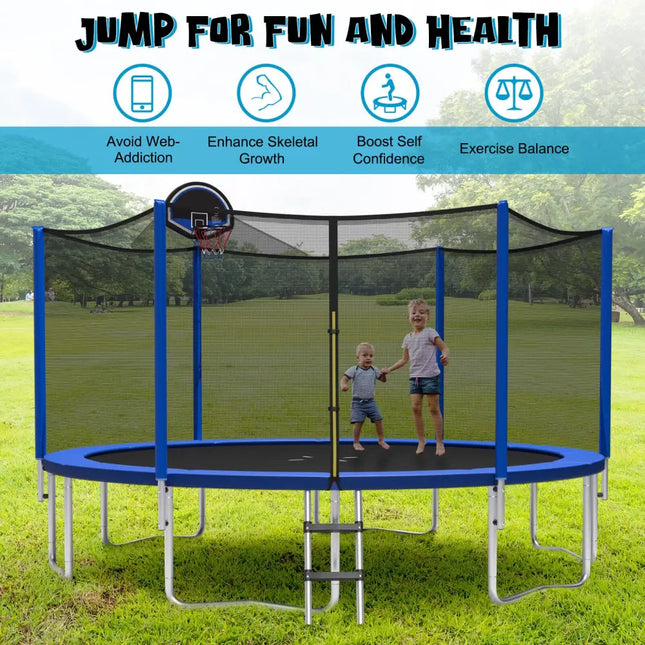 12/14/15/16 Feet Outdoor Recreational Trampoline with Enclosure Net-16 ft - Black - Outdoor Play