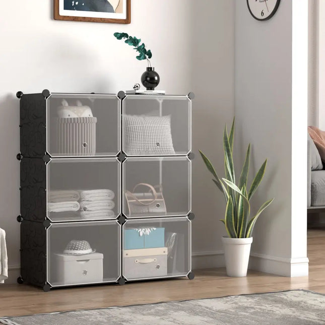 12-Cube 48 Pairs Portable Shoe Shelves with Hook-Black - Black - Shoe Racks & Storage Benches