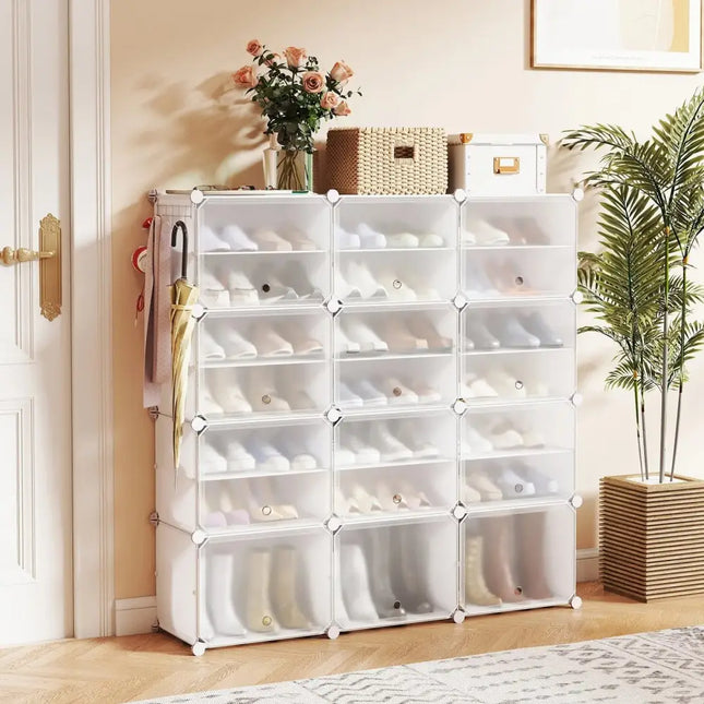 12-Cube 48 Pairs Portable Shoe Shelves with Hook-White - White - Shoe Racks & Storage Benches