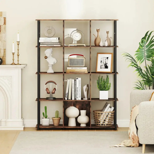 12-Cube Bookcase with 2 Anti-tipping Kits for Living Room-Rustic Brown Costway